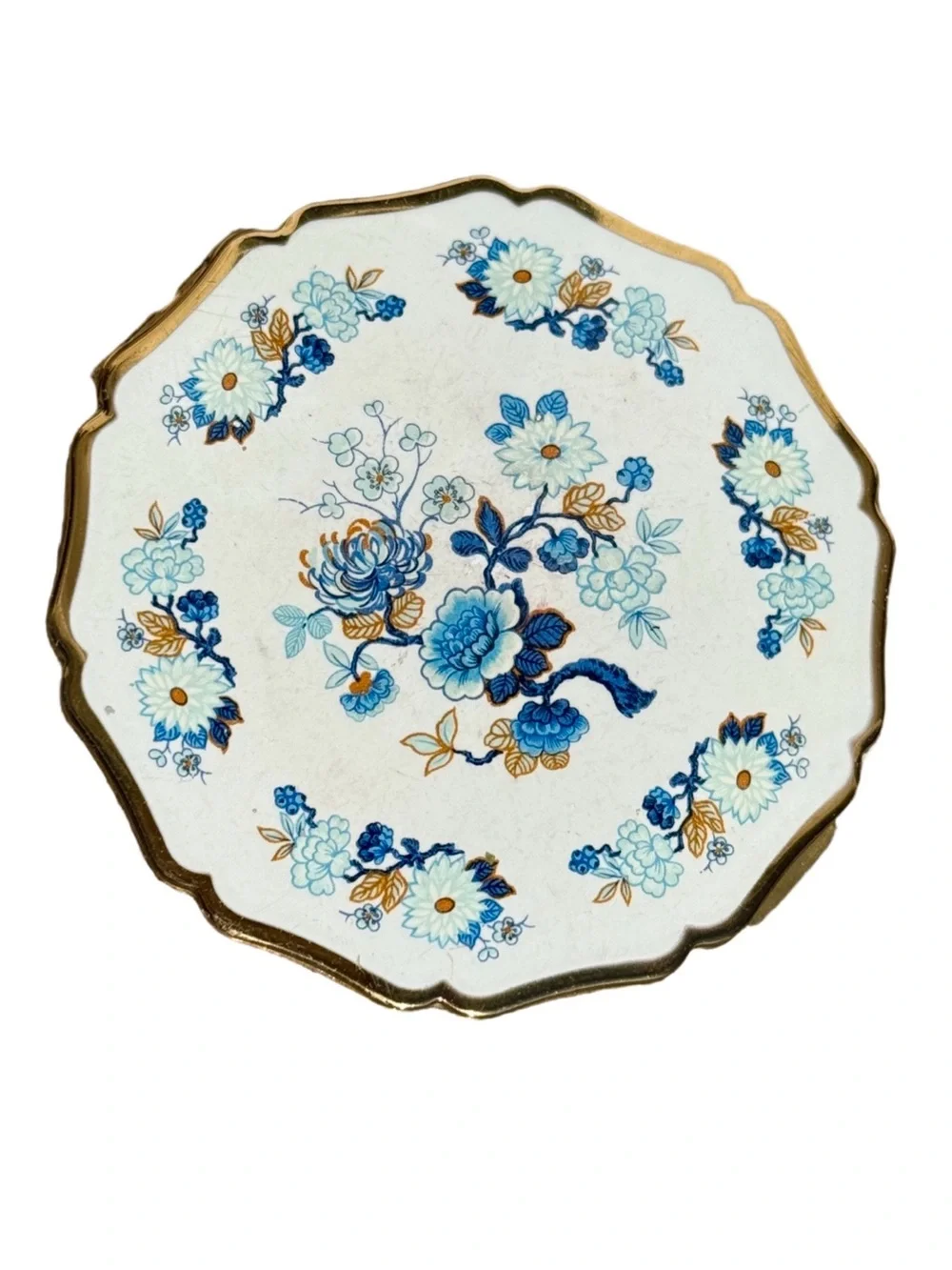 Vintage Mid Century Stratton White Blue Floral Scalloped Edge Compact - Picture 2 of 4